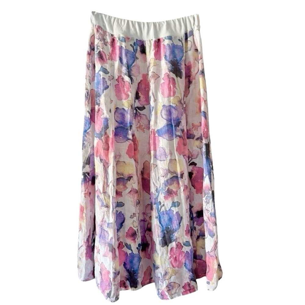 Luca Vanucci 100% Linen Stretch Waist Watercolor Pastel Floral Midi Skirt Size M - Picture 2 of 5